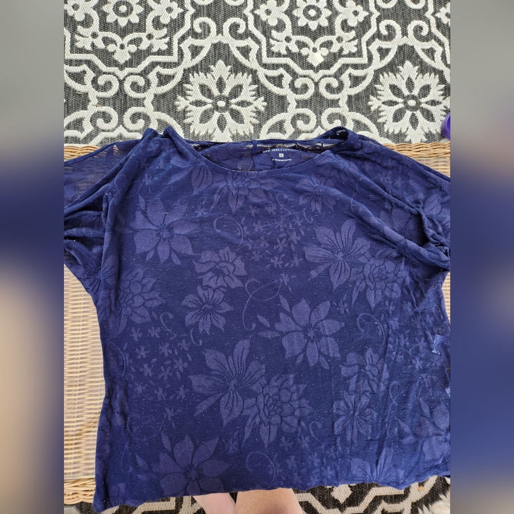 New York & Company size small, dark blue sheer blouse with open shoulders